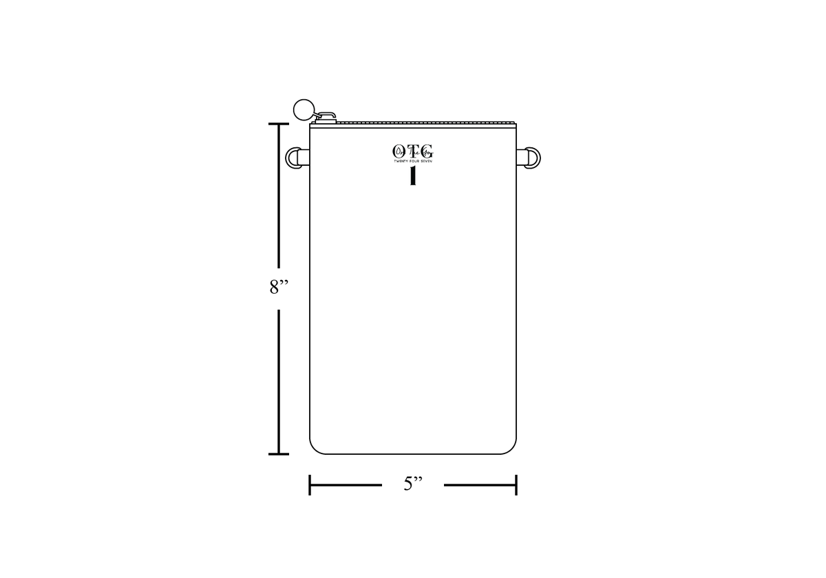 Line diagram of the OTG|247 size #1, with dimension lines marking 5 inches wide by 8 inches tall, includes two removable straps (12 inches and 48 inches).