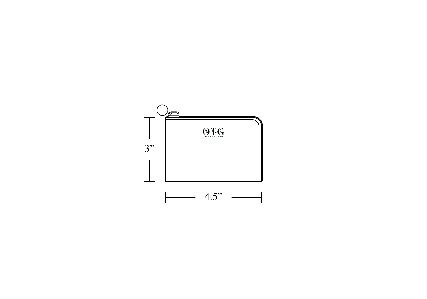 Line diagram of the OTG|247 Card Case, with dimension lines marking 4.5 inches wide by 3 inches tall.