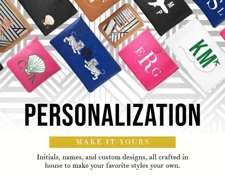 OTG|247 personalization promotional banner. Initials, names, and custom designs, all crafted in house to make your favorite styles your own.