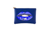 Blue pouch with lip design on a white background