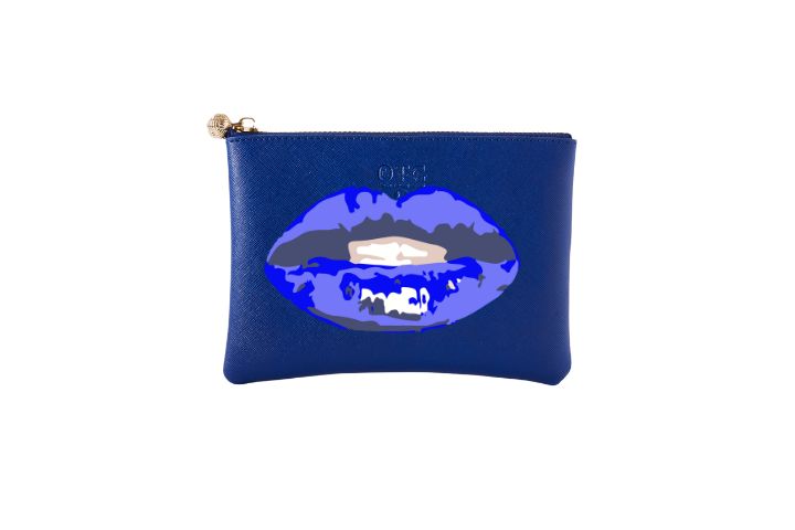 Blue pouch with lip design on a white background