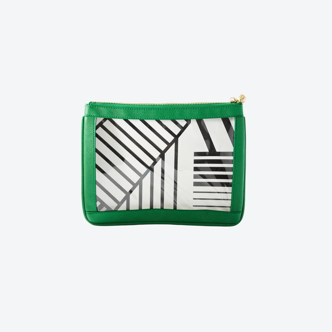 #4 Nudie Green Pouch — green vegan leather clear-window pouch with gold knot zipper
