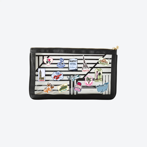#5 Nudie Black Kai Lassen Collab Clutch, front view with Kai Lassen travel stickers