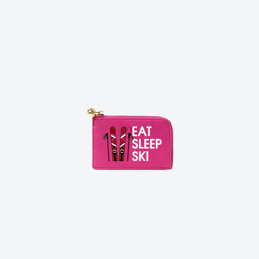 Card Case Hot Pink Eat Sleep Ski, front view
