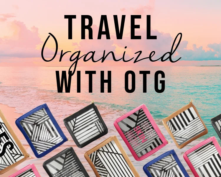 Promotional graphic for travel organization with OTG, featuring patterned boxes against a scenic ocean background.